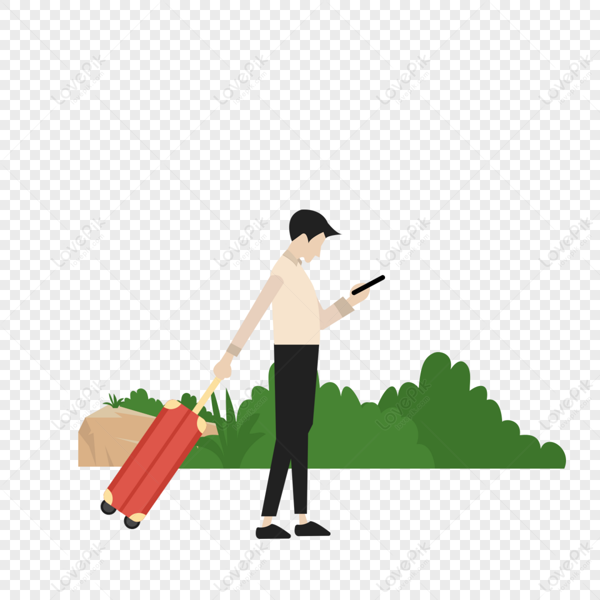 Hand drawn travel man looking at mobile phone illustration,cartoon,look at the phone png transparent background