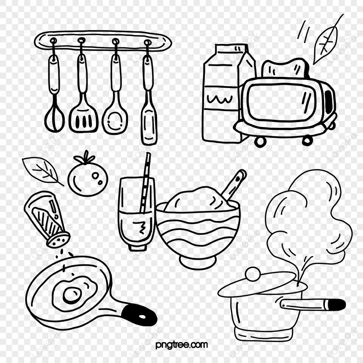 Kitchen Tools Ink Clipart Set Cooking Utensils Line Drawings, Hi