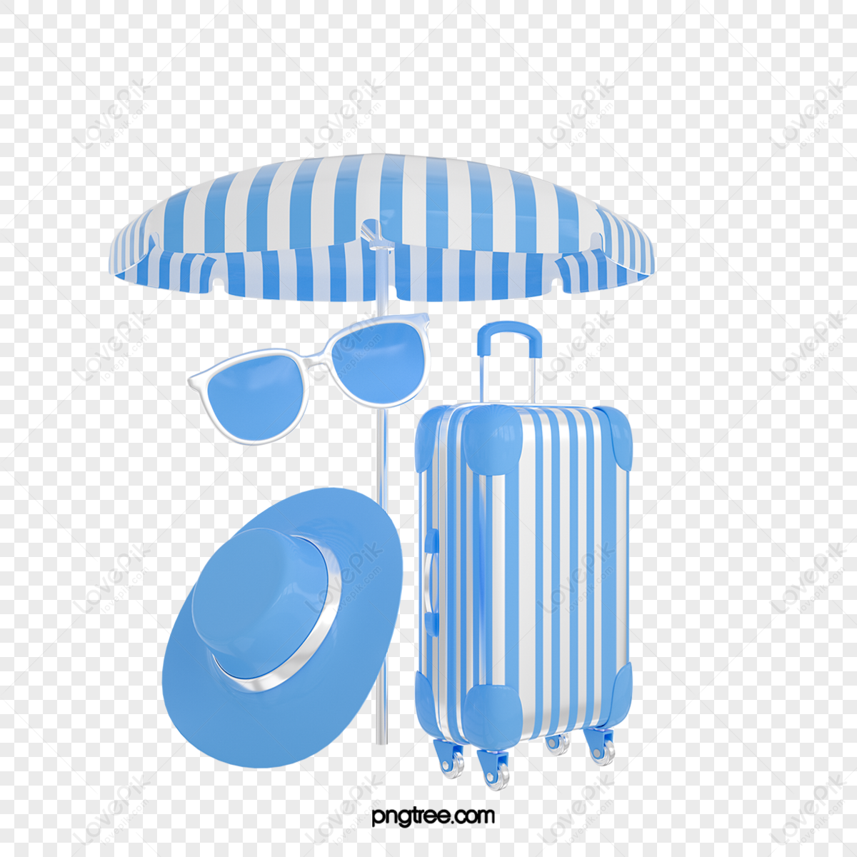 3d cartoon gift box out travel suitcase blue,beach,surfing png picture