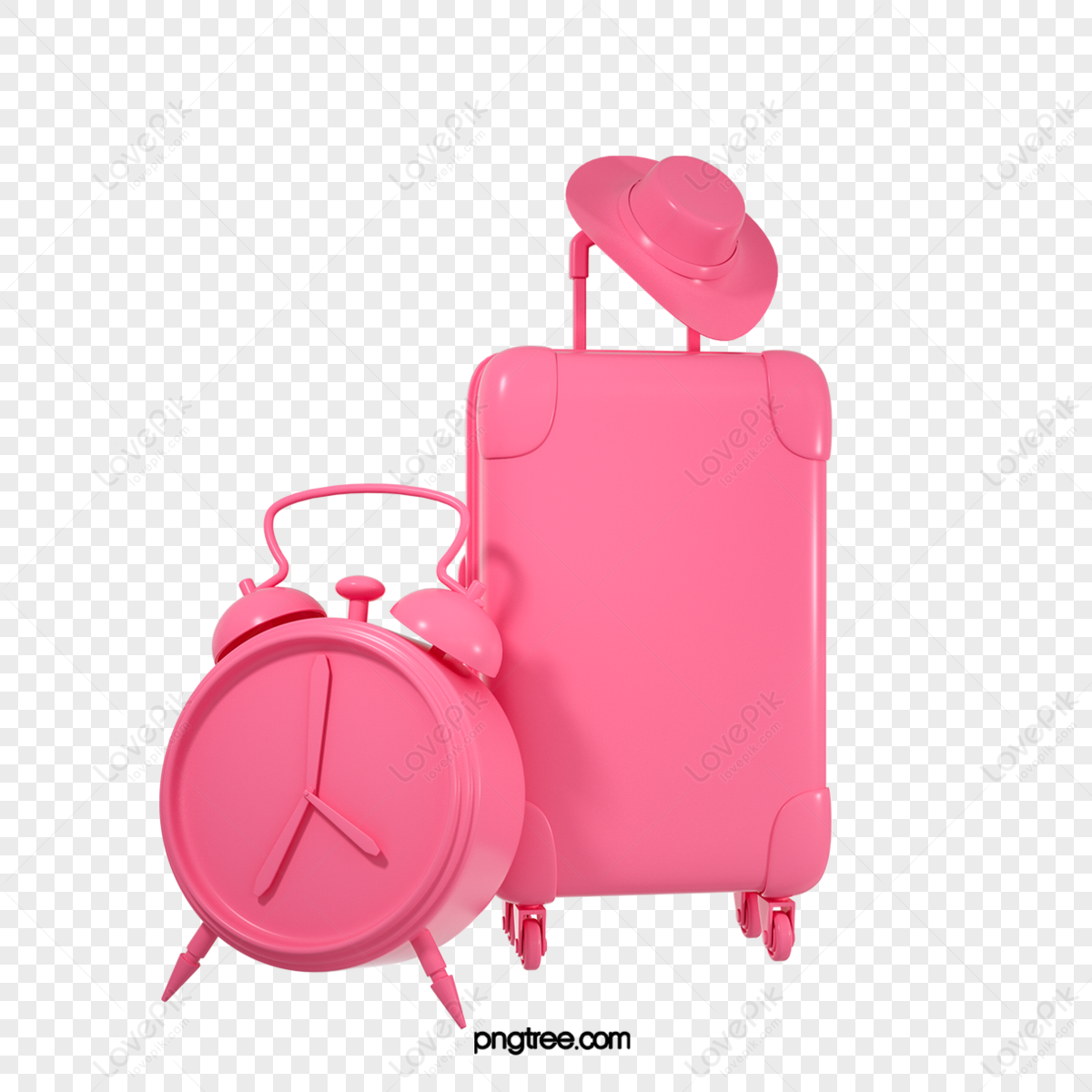 3d stereo suitcase alarm clock travel elements,travel around the world,sun hat png hd transparent image