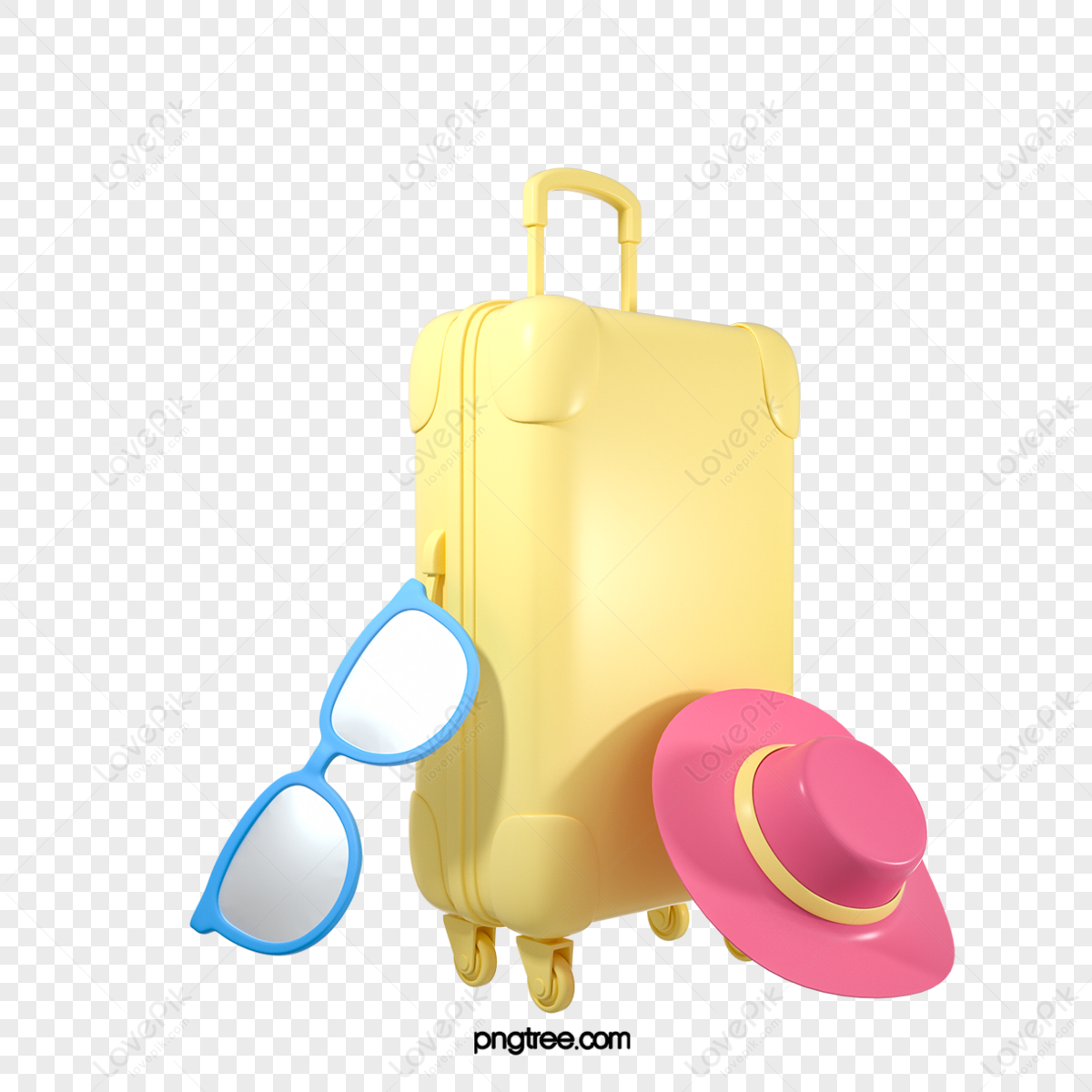 3d three-dimensional cute yellow travel suitcase,stereoscopic,surfing png image
