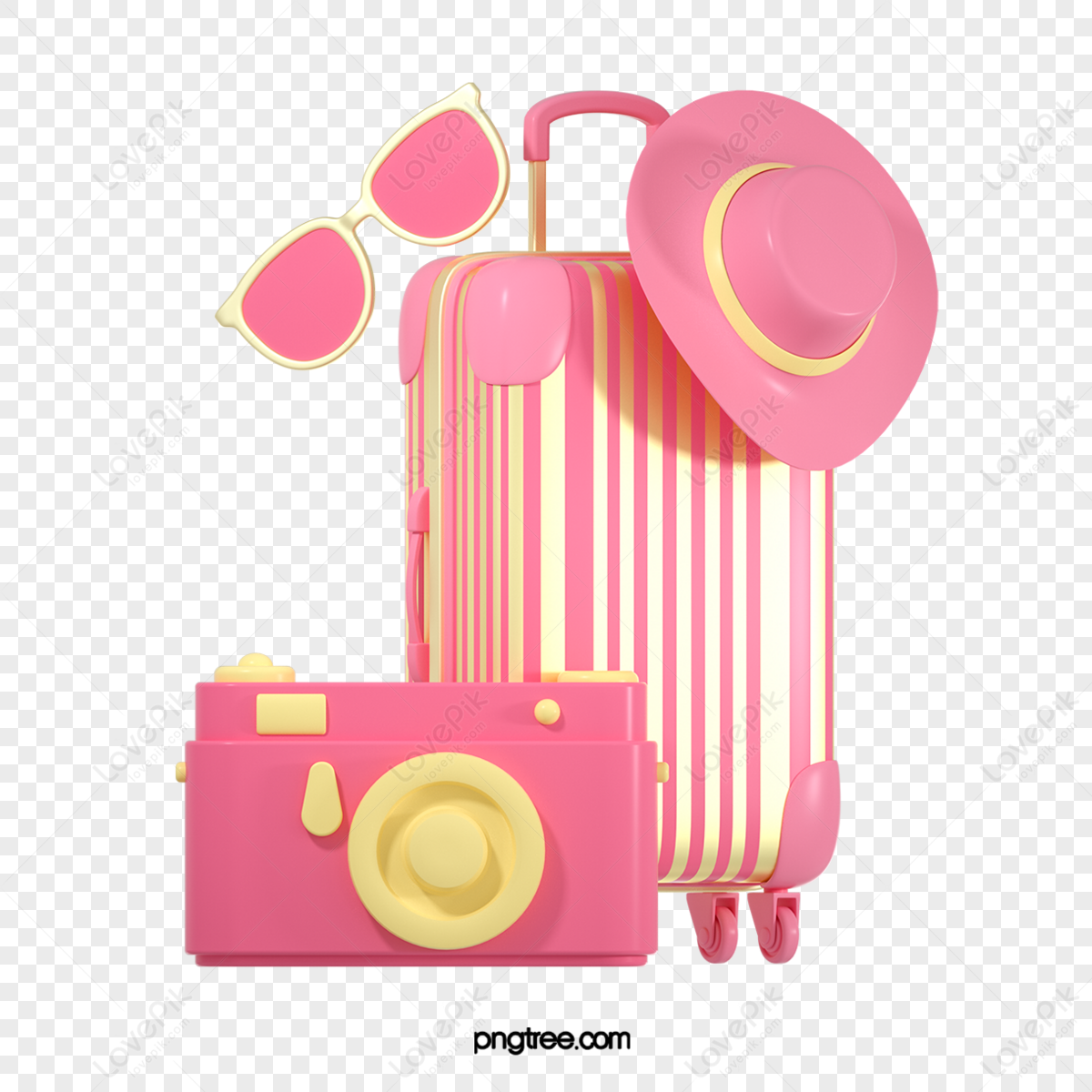 3d three-dimensional pink out travel summer suitcase,summer outing,cartoon png free download