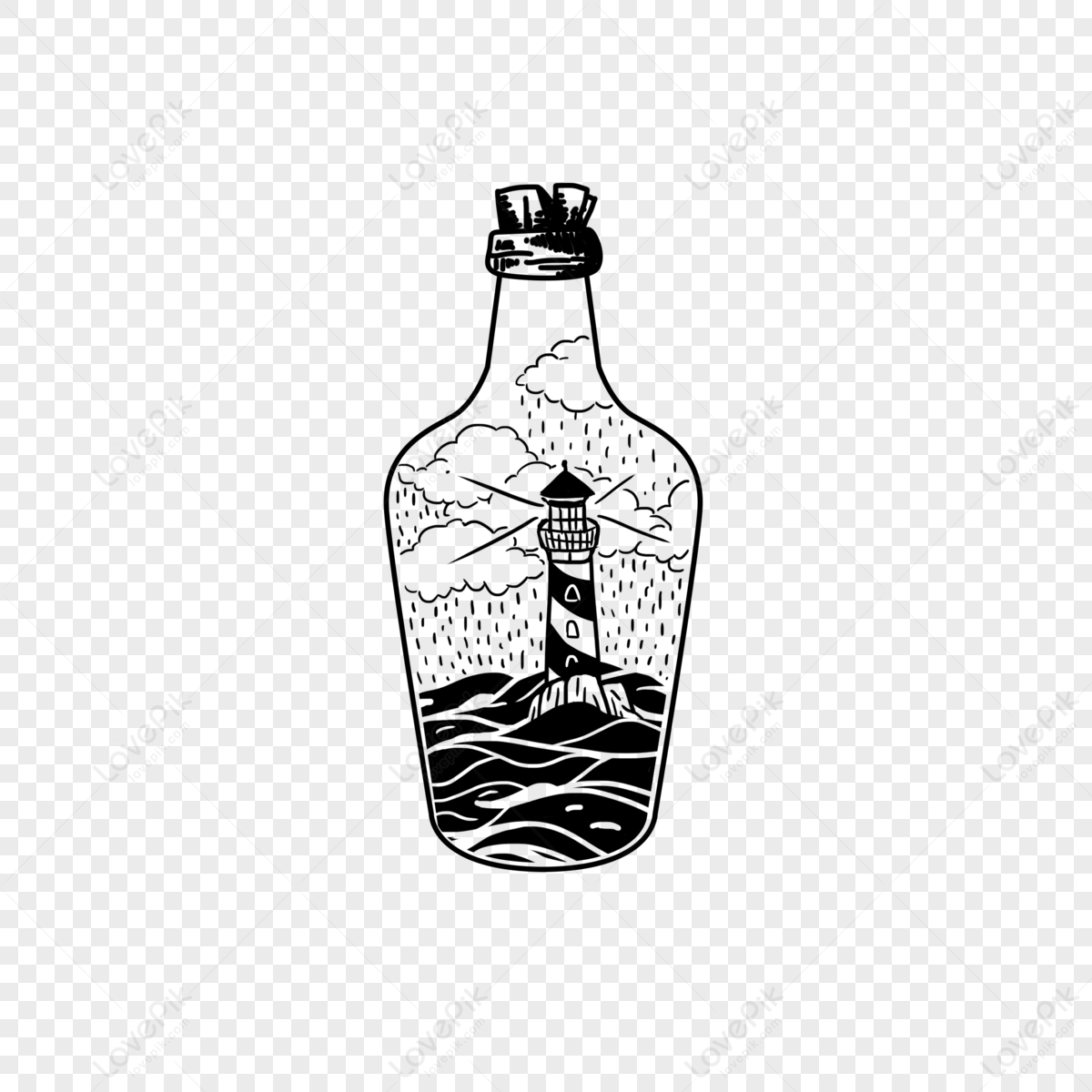 Black And White Hand Drawn Potion Bottle Lighthouse Lineart,rain,sea 