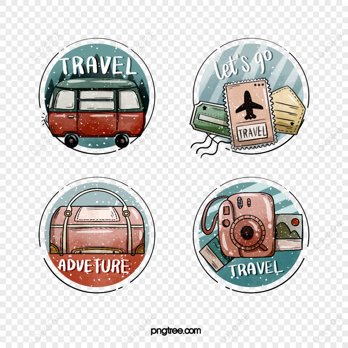 Cartoon hand drawn travel stickers small elements,hand painted,plane tickets png white transparent