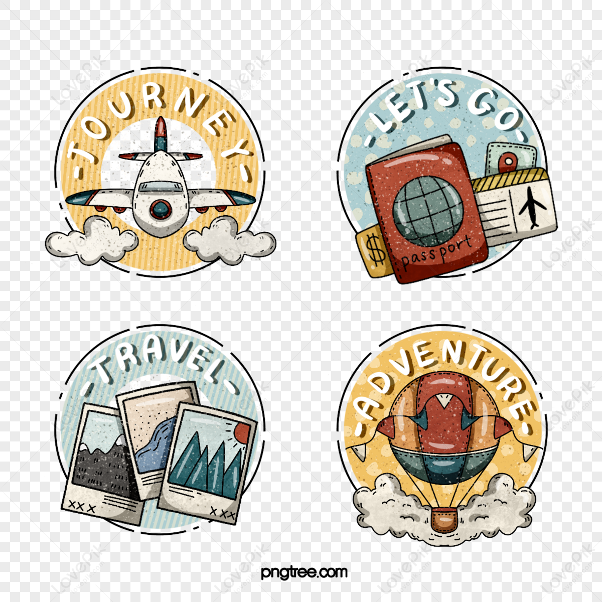 Cute cartoon style travel theme stickers,hot-air balloons,travel around the world png hd transparent image