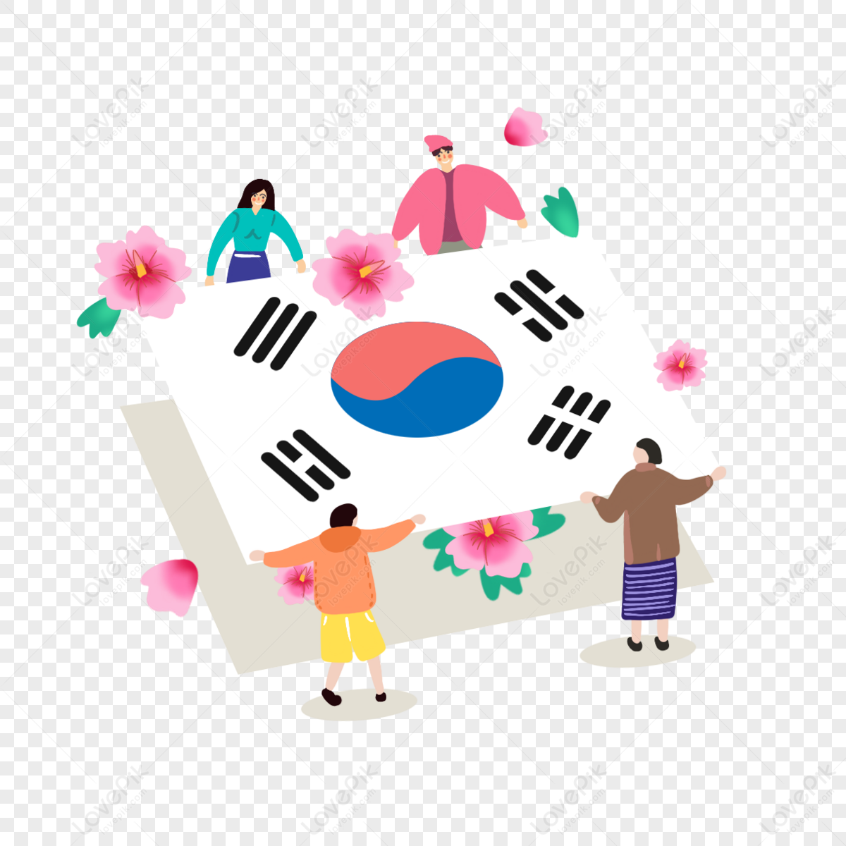 Hand drawn South Korea flag parade illustration,festival,hibiscus flowers png free download