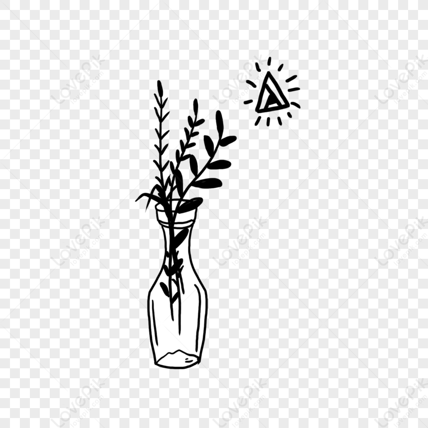 手描き黒と白の線画植物花瓶イラスト,vase,穀物,植物の イラスト