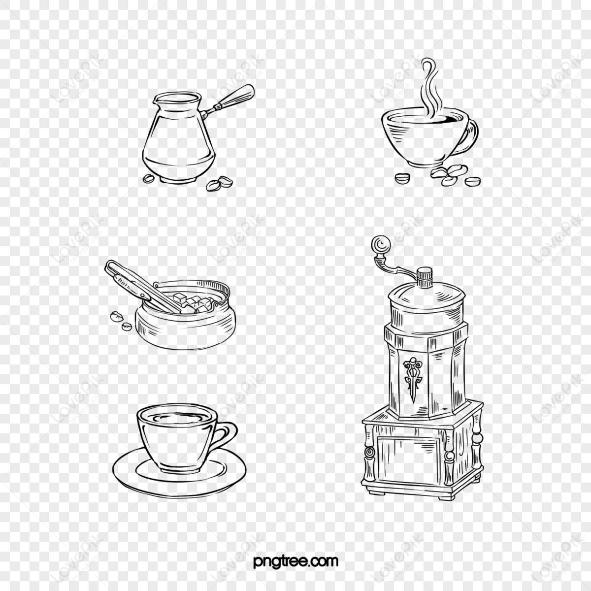 Hand Drawn Black Lineart Coffee Bean Coffee Pot Coffee Cup Combination 