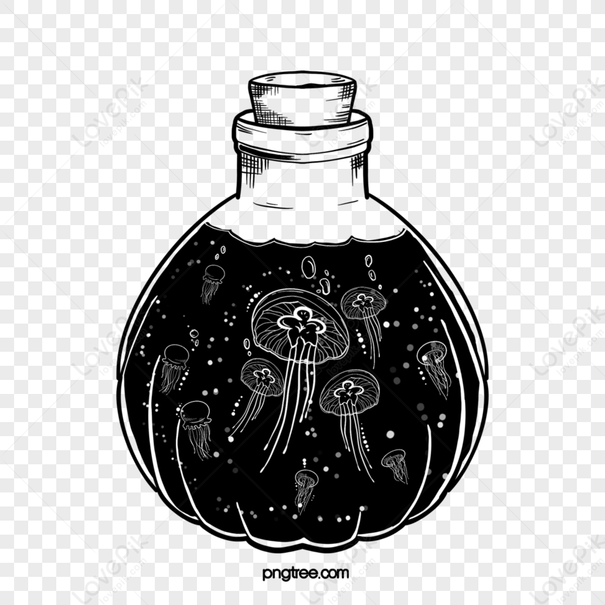 Hand Drawn Jellyfish Potion Bottle Lineart,jellyfish Drawing,black And ...