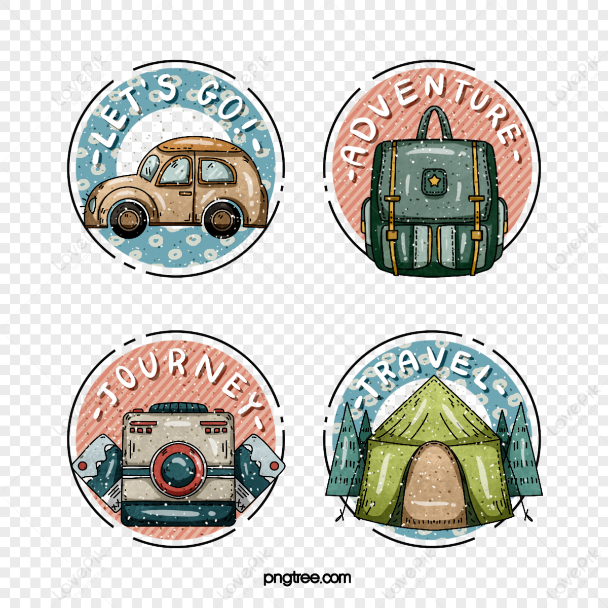 Hand drawn travel stickers in cartoon style,tent,camera png image