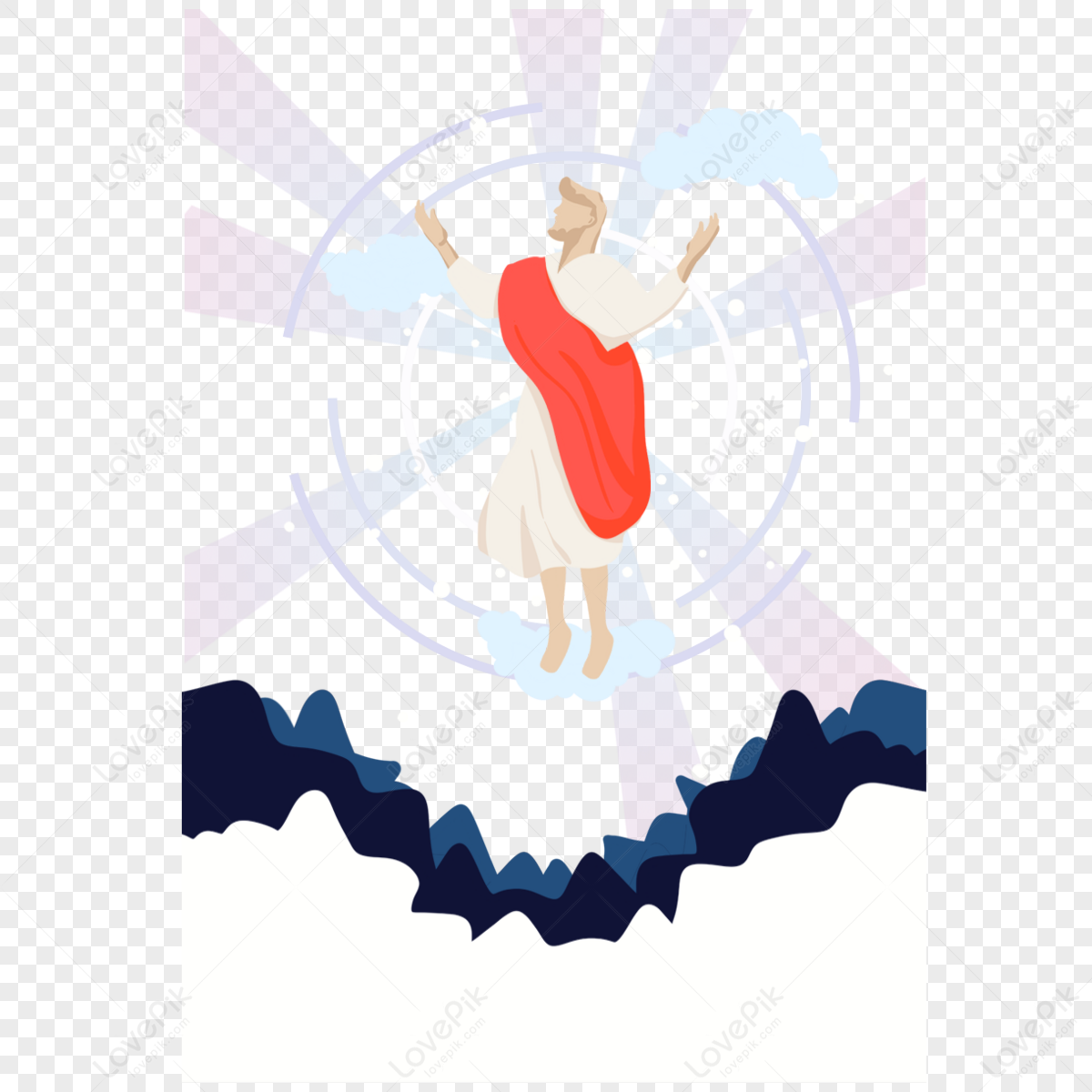 Cartoon Hand Drawn Jesus Ascension Illustration,blue,flaky Clouds Png 