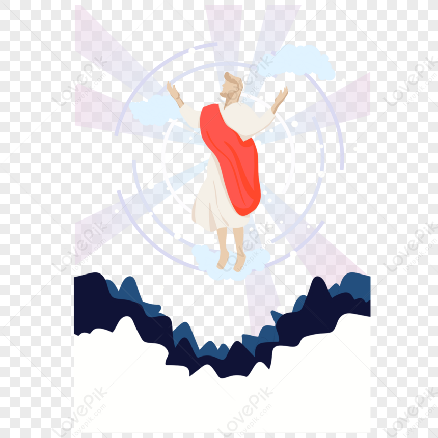 Cartoon Hand Drawn Jesus Ascension Illustration,blue,flaky Clouds PNG ...