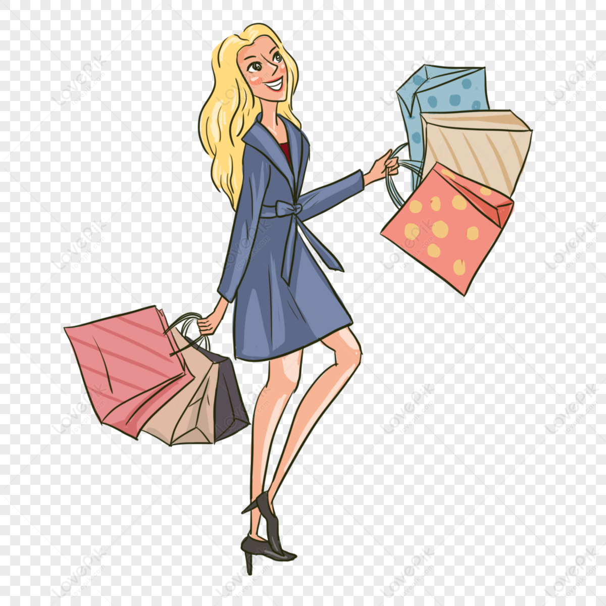 Hand Drawn Line Drawing Style Cheerful Shopping Blonde Shopping Woman ...