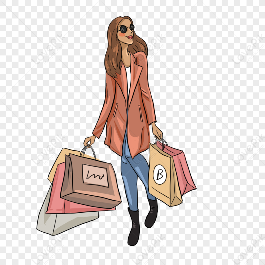 Hand Drawn Line Drawing Style Shopping Woman Wearing Coat With ...