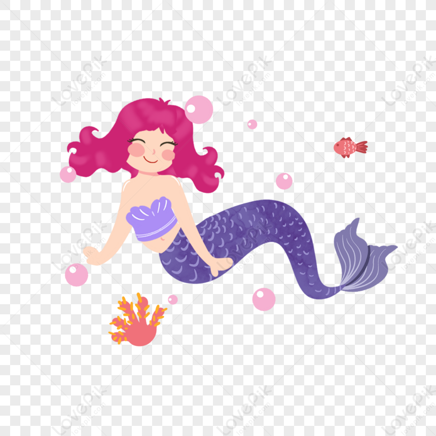 Cartoon Hand Drawn Mermaid Purple Seaweed Blisters Illustration,blue ...