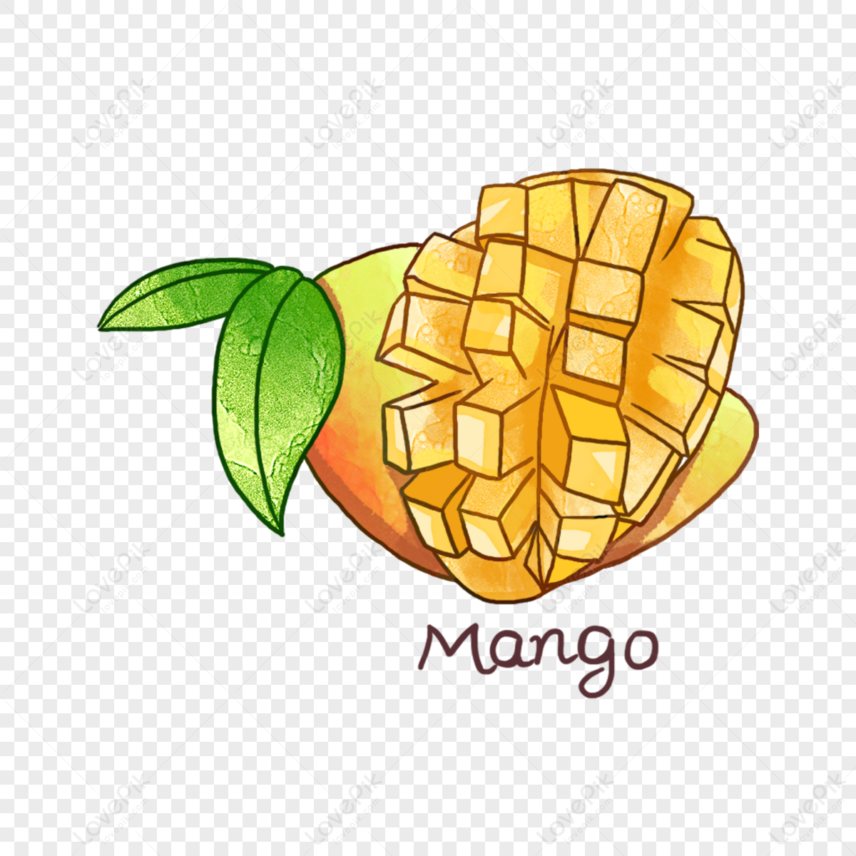 Yellow cartoon <b>mango</b> green leaf english illustration,cartoon illustrations,...