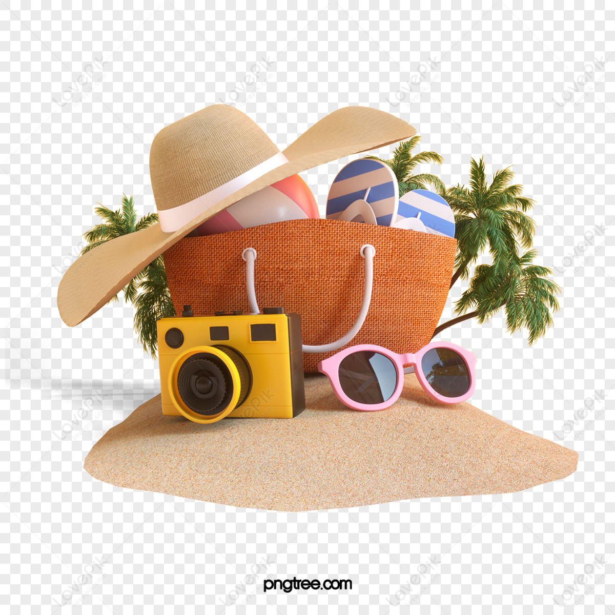 beach travel 3d elements,hat,palm,packaging png transparent image
