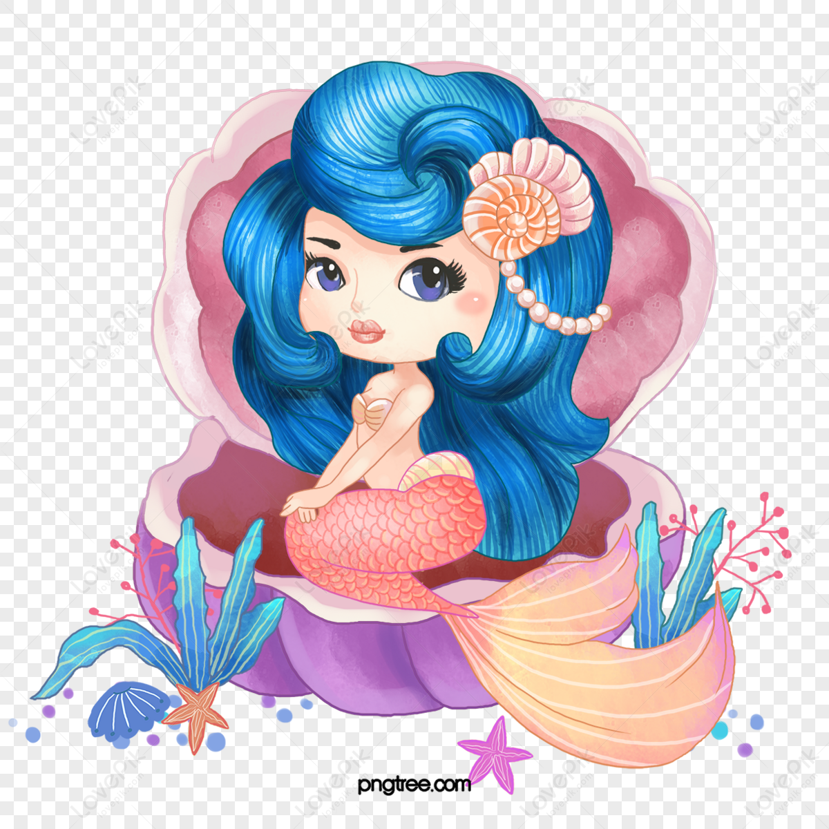 hand drawn cartoon mermaid princess,shell,seaweed,paint hand png transparent background