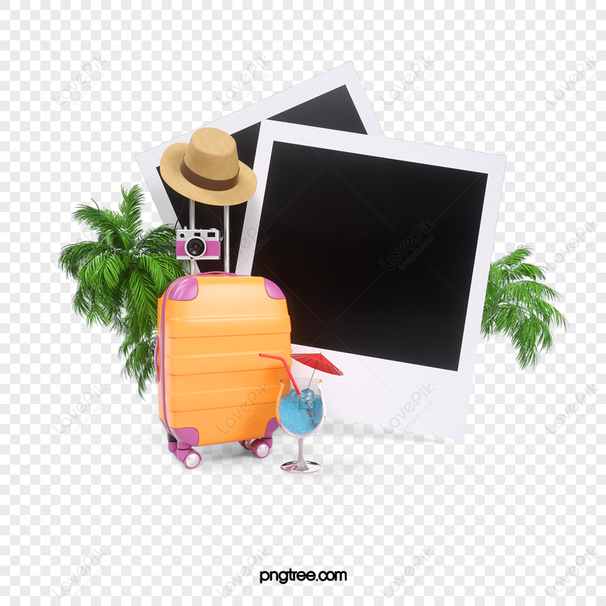 travel suitcase photo 3d element,business,hat,floral png picture