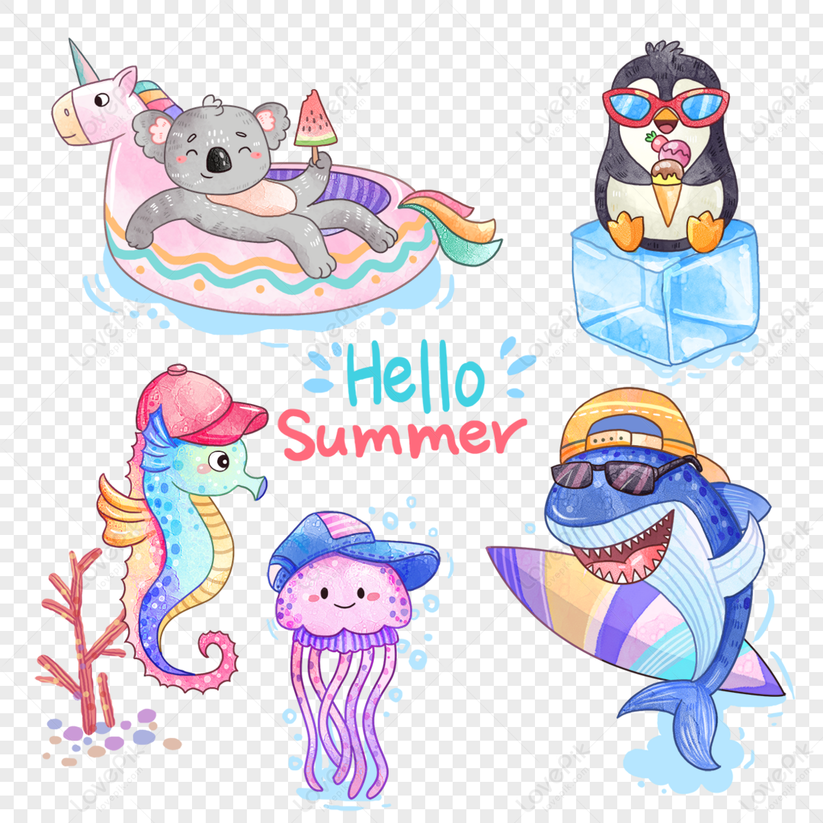 watercolor summer play with water plants and animals,cartoon,small animals png white transparent