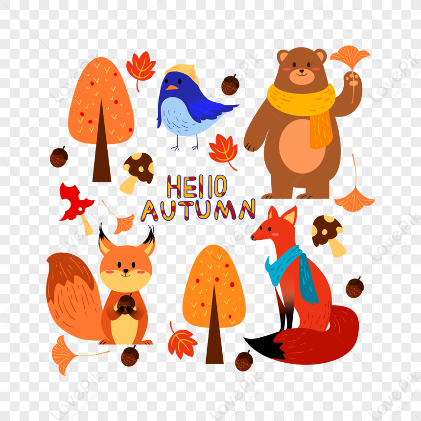 手描きの秋の森の動物の組み合わせ,どんぐり,うさぎ,バニー イラスト ...