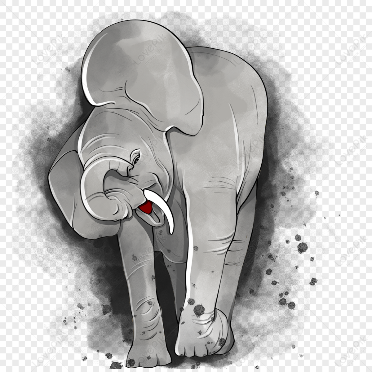 Hand painted watercolor gray animal gray elephant,splash ink,watercolor animals png transparent background