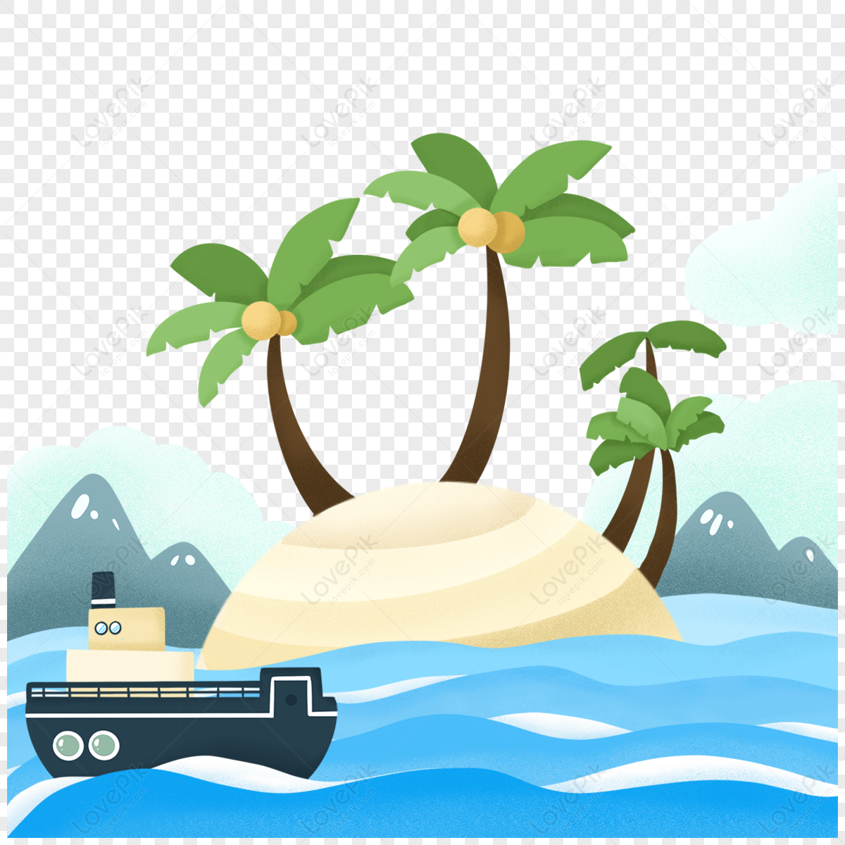 Paper cut level ocean wave cruise coconut tree sky blue white cloud blue small fresh png transparent background