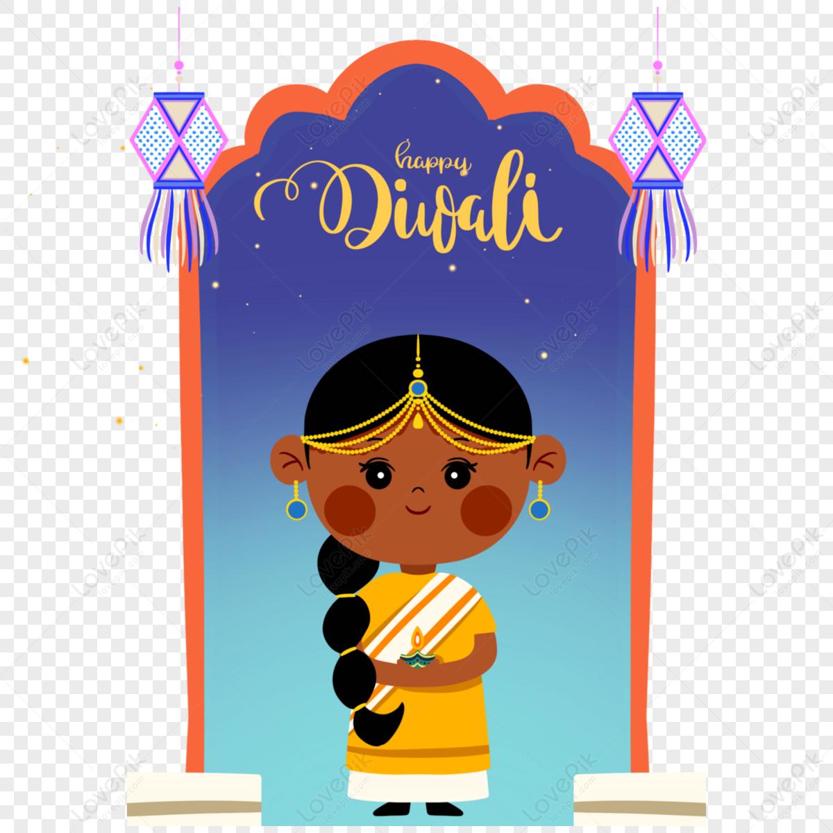Diwali / Deepavali vector illustration. Cute indian boy and girl with  window frame, india lanterns, diya (india oil lamp) and colorful light  bulbs. Festival of Lights celebration. Stock Vector | Adobe Stock