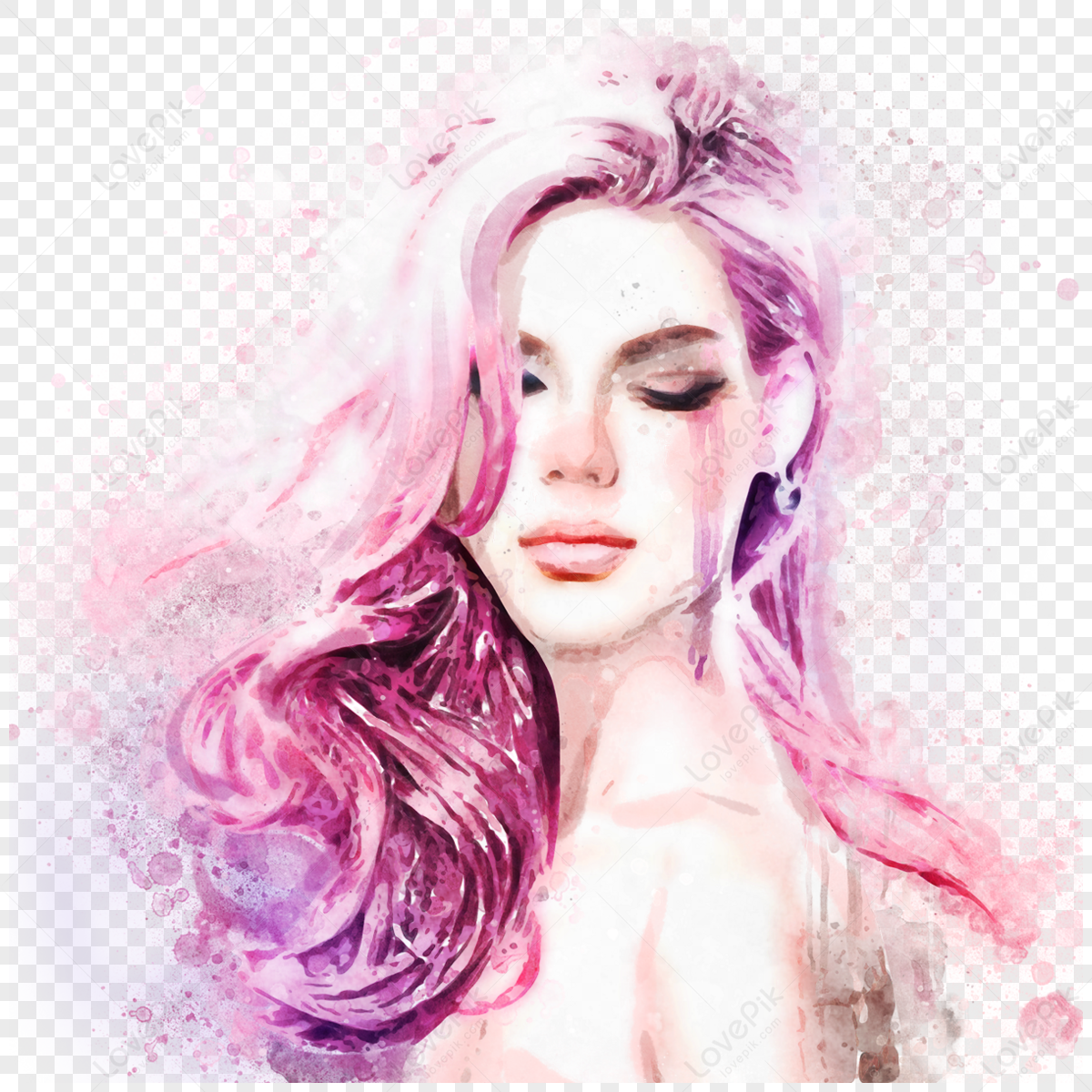 Pink Watercolor Woman Portrait Splatter Illustration Hand Drawn Elementssexinessladies Png 