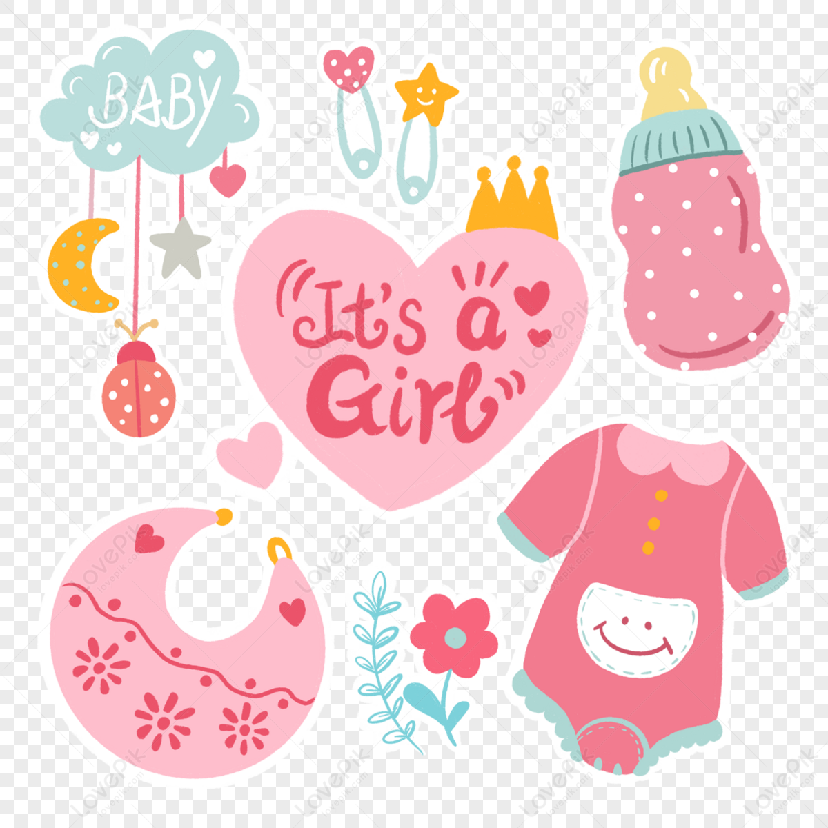 Baby Pink Theme Stickers,feeding Bottle,cloud,clothes PNG Image And ...