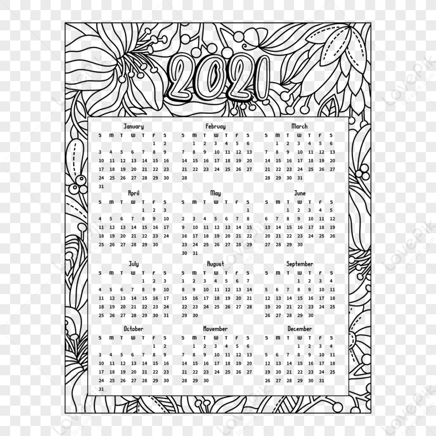 Black And White 2021 Coloring Card Calendar,decoration,retro Png Image 