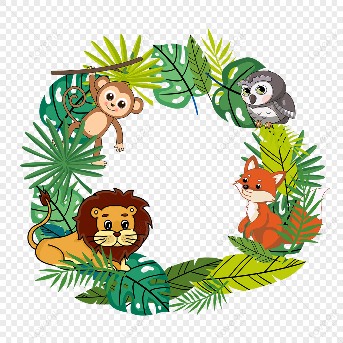 Cartoon jungle lion fox monkey animal border element,jungle animals,leaf png transparent background