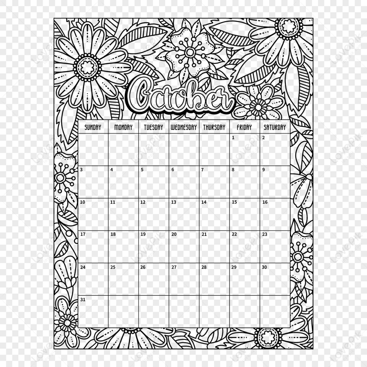 Line Style 2021 October Coloring Card Calendar,black And White,plant