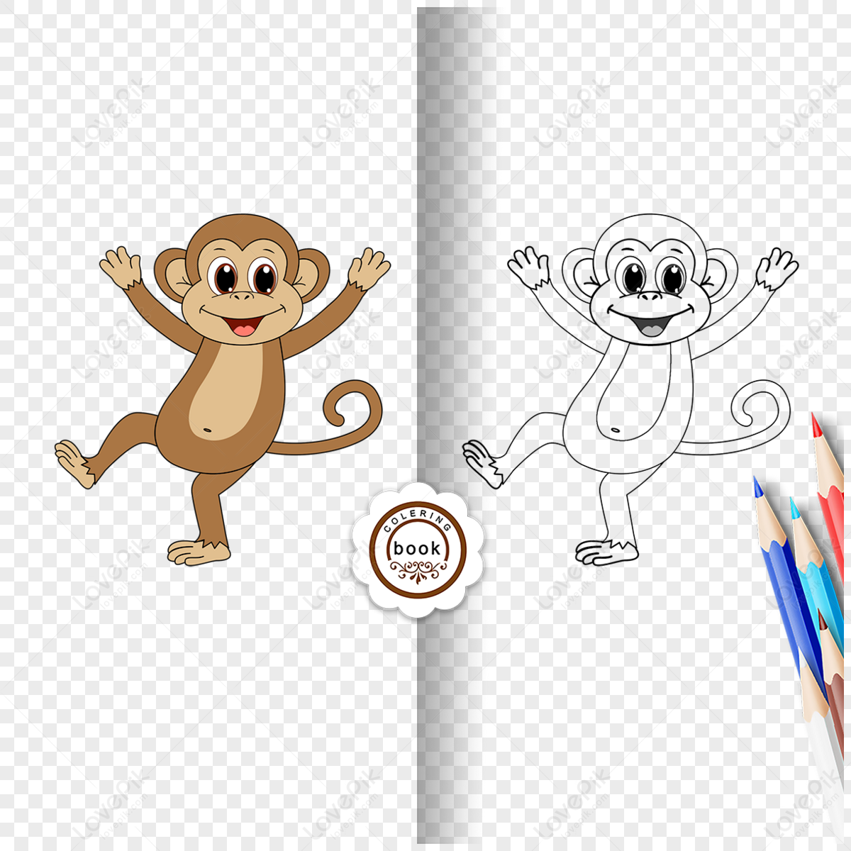 Monkey Clipart Black And White เด็กวาดรูประบายสีการ์ดขาวดำ Lineart ลิง ...