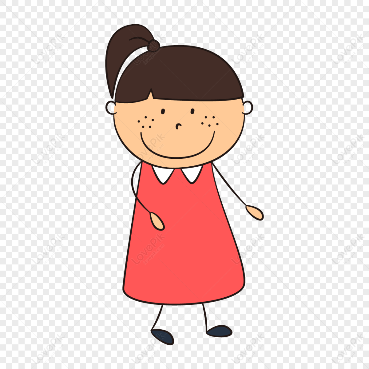 Cartoon Little Girl In Red Dress With Ponytail,freckle,freckles PNG ...