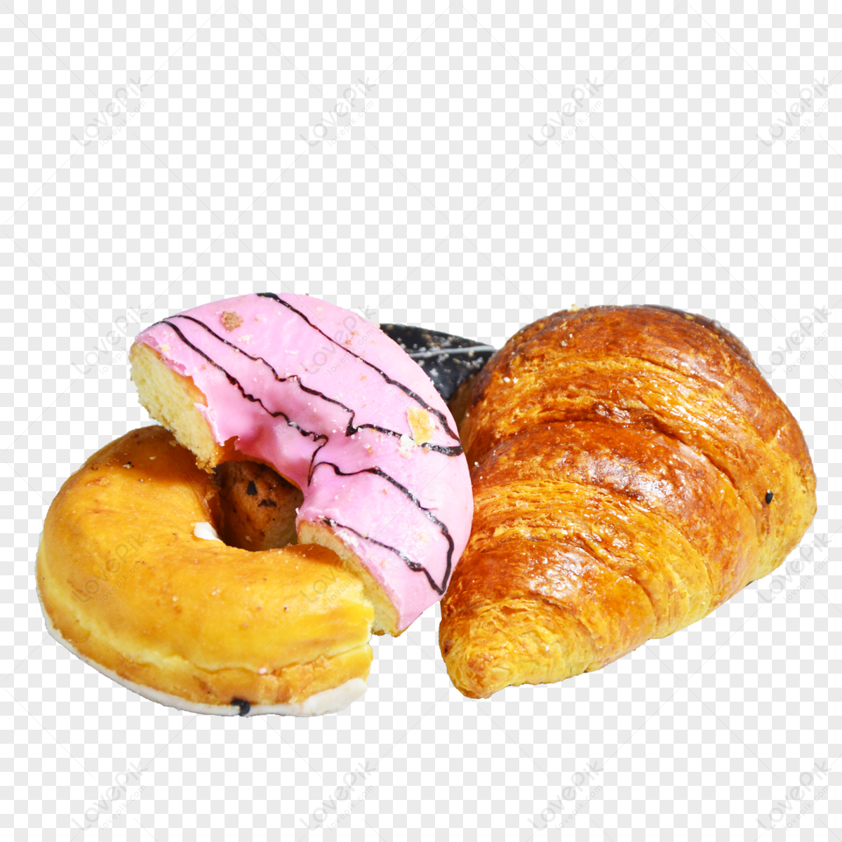 Colorful cute donut buns and browned croissants,bread,snacks png image. 