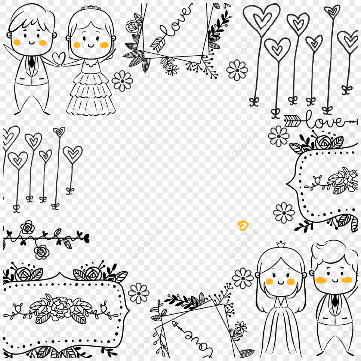 Valentines Day Lineart Couple Border,leaf,flower,lovers Png Free 