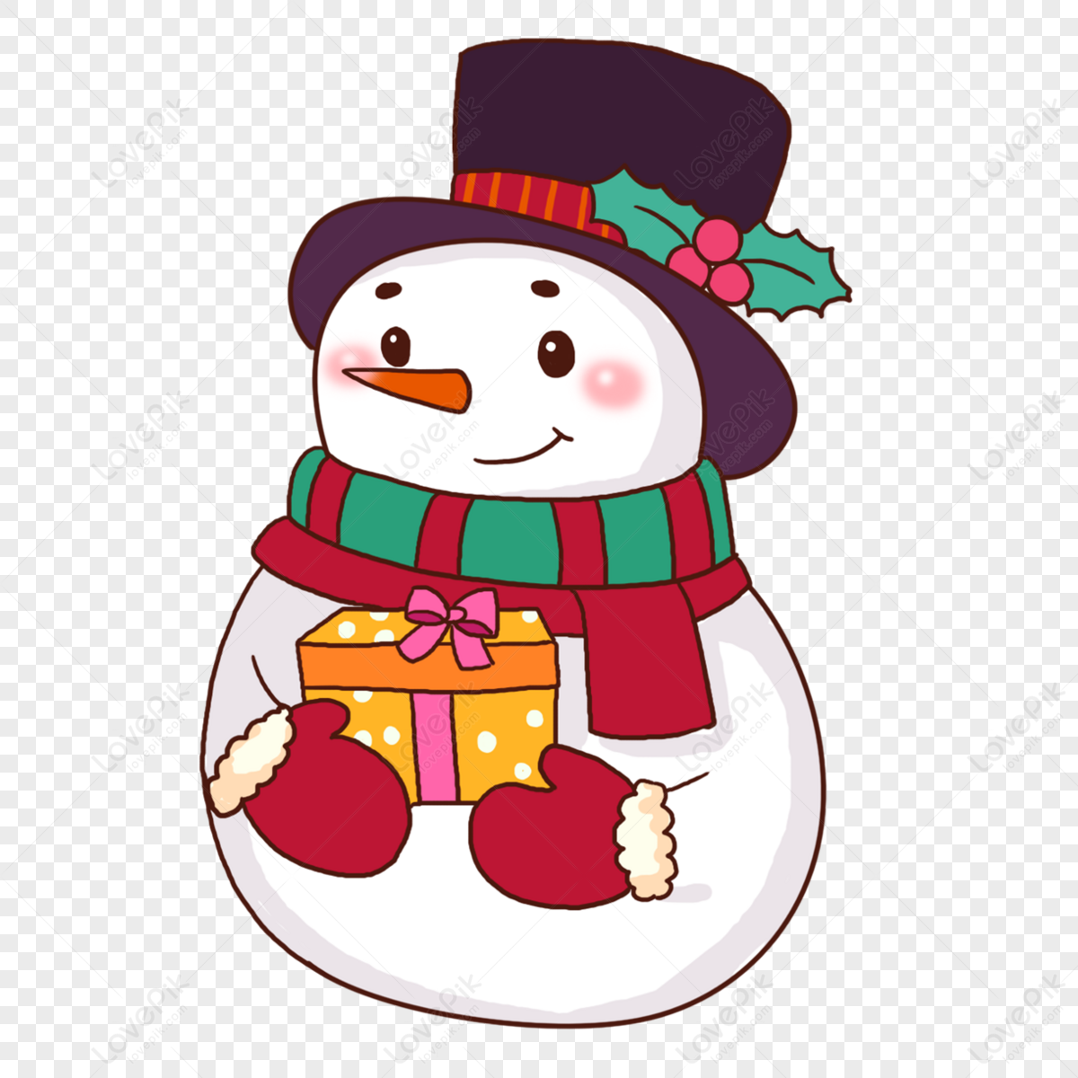 Little snowman holding christmas present,box,smile,december png transparent image