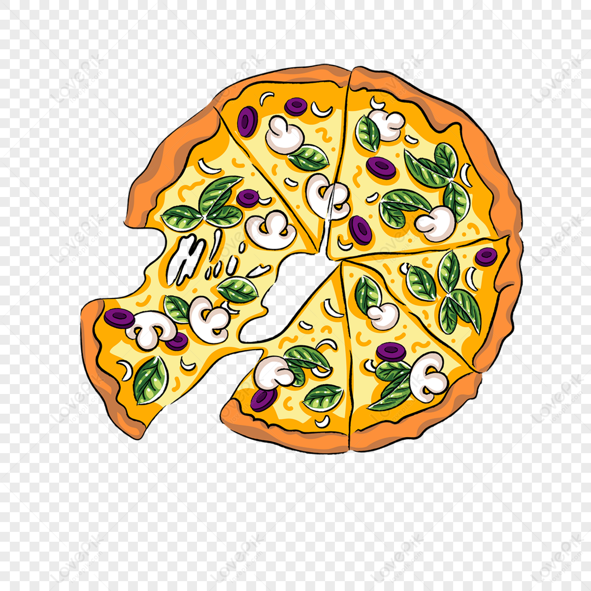 Pizza Clipart Top View Angle Whole Brushed Mushroom Black Olive Pizza ...