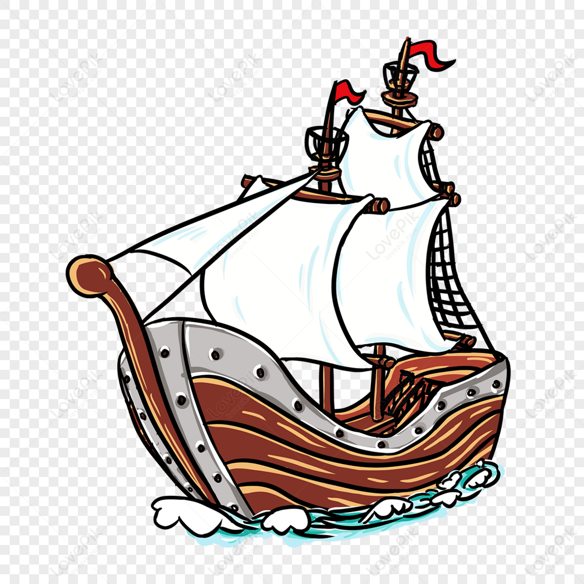 Cartoon style brown clipart sailing boat,ferry,spray png transparent background