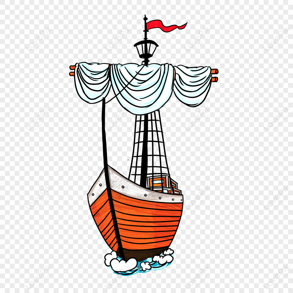 Cartoon style clip art orange sailing sailboat,spray,ferry png image