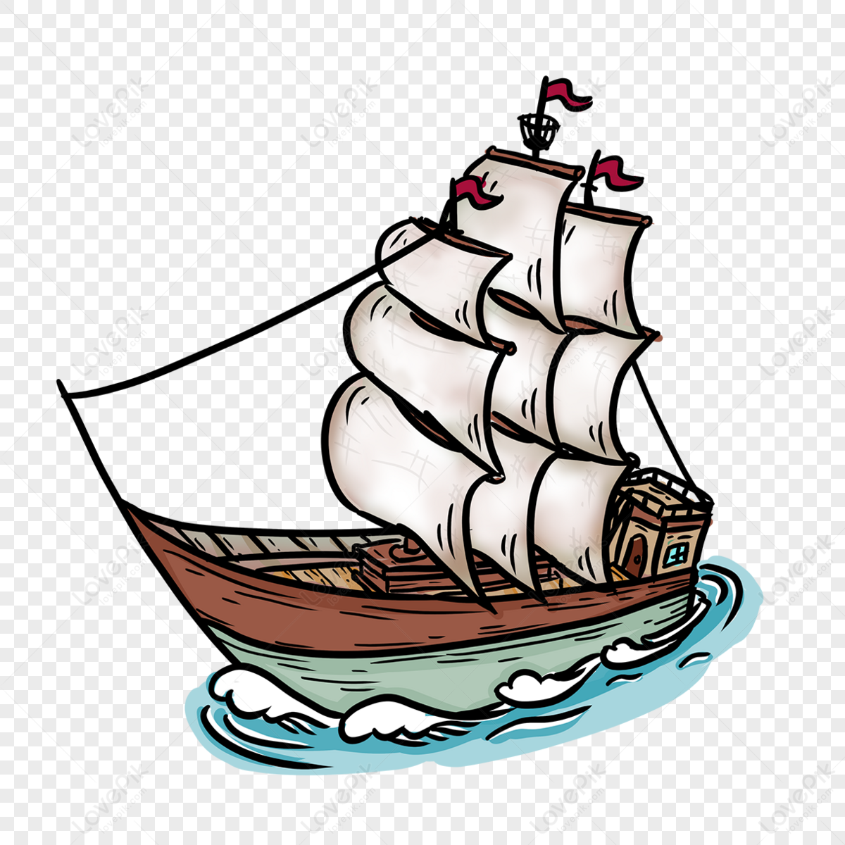 Cartoon style clipart brown sailing boat,spray,creative png transparent image