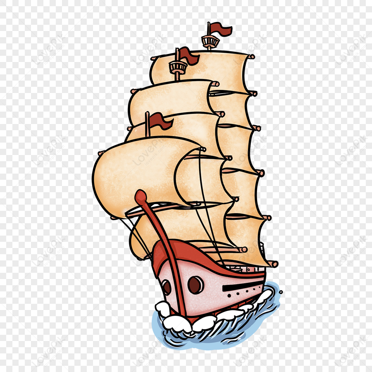 Cartoon style clipart orange sailboat,ferry,spray png image