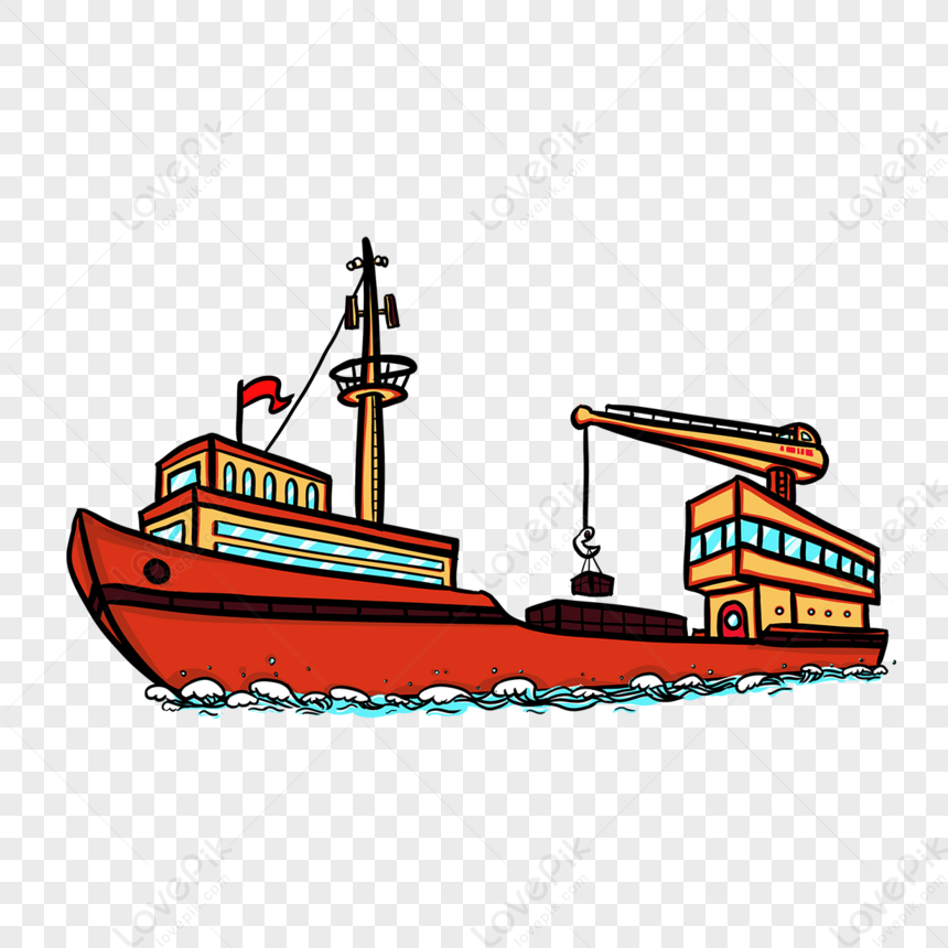 Cartoon Style Orange Clipart Steamer Cargo Ship,steamship,sea Wave PNG ...