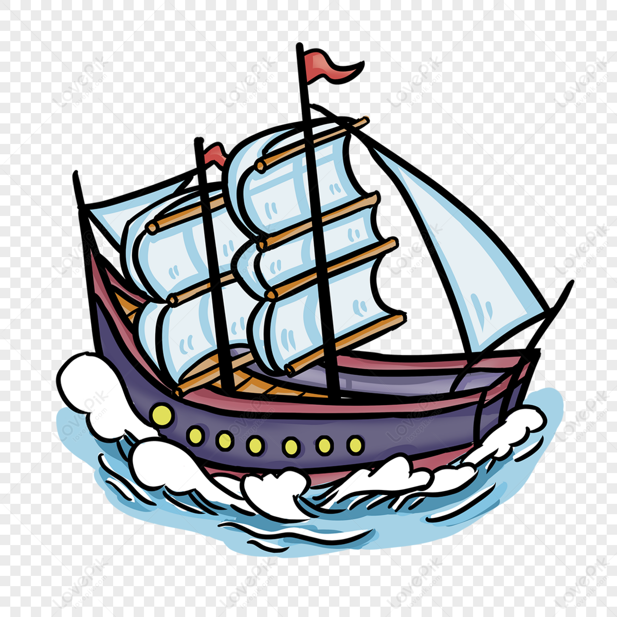 Cartoon style purple clipart sailboat,drawing,mast,spray png image