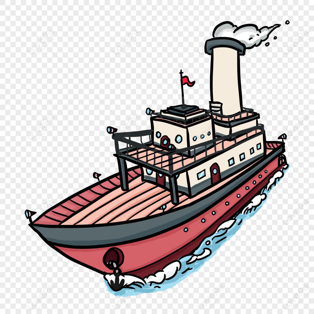 Cartoon Style Red Smoking Steam Ship Steamship Clipart,smoke,red Smoke ...