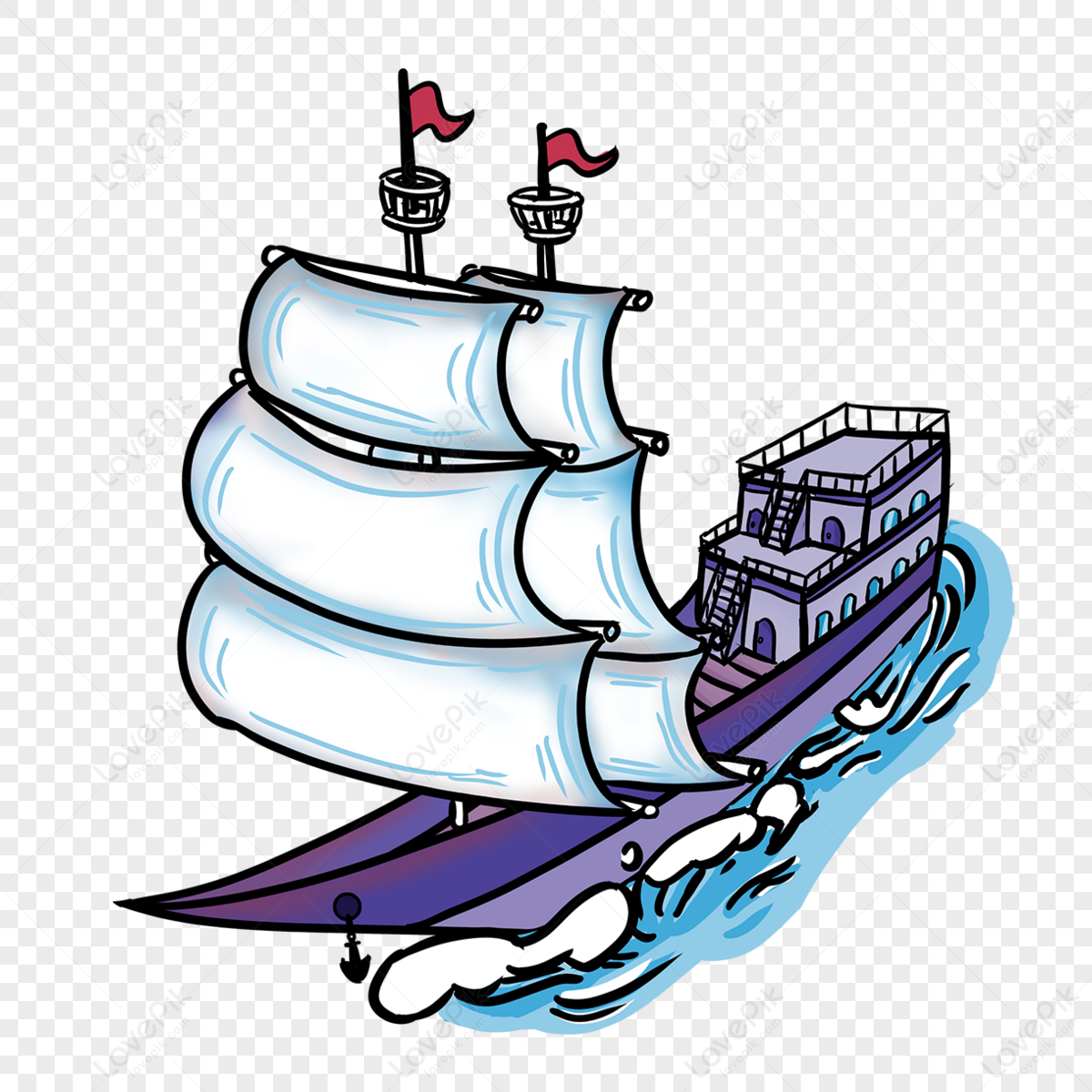 Cartoon style sailboat purple clipart,ferry,spray png image