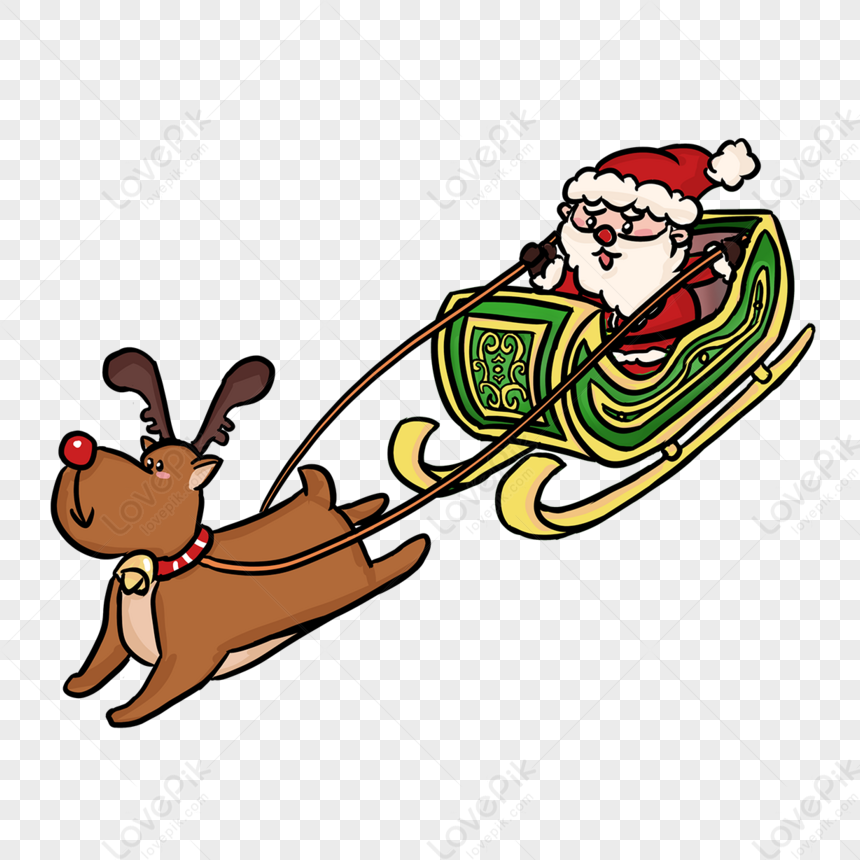 Cute Cartoon Style Green Clipart Cute Santa Elk Sleigh,santa Claus,sled ...