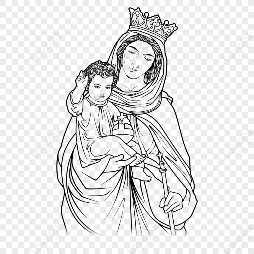 Linear Draft Black And White Virgin Mary Christian Catholic European Religious Figure Mother God
