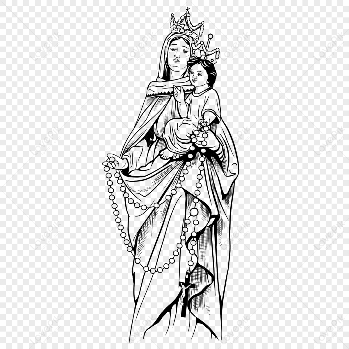 Linear Draft Black And White Virgin Mary Christian Catholic European ...